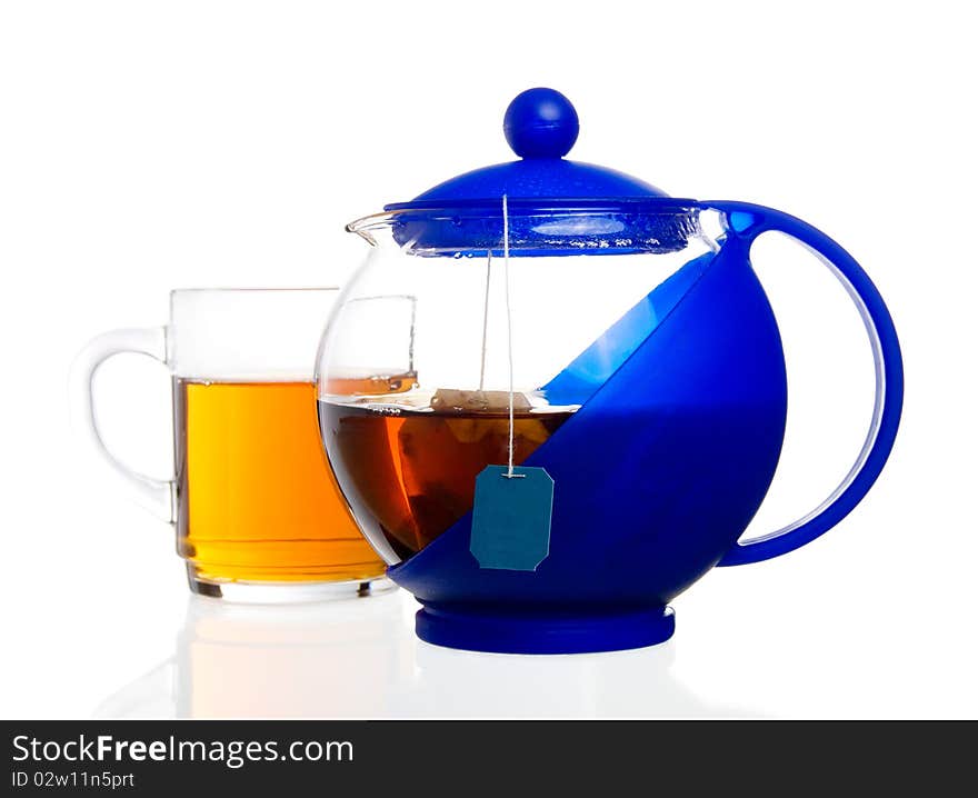 Transparent teapot with black tea bag