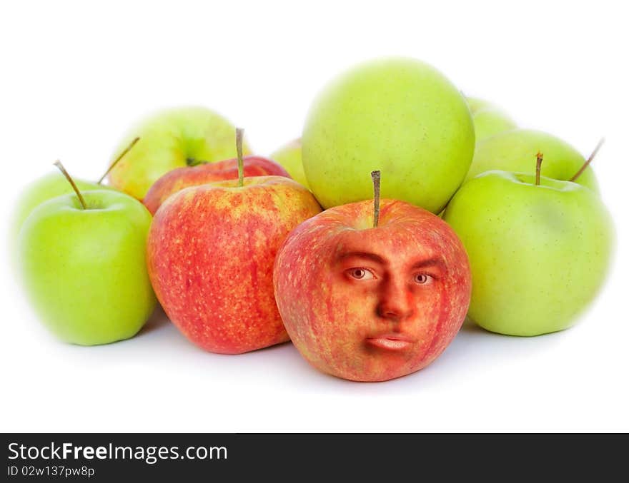 Few red and green apples on white background and one red apple with human face