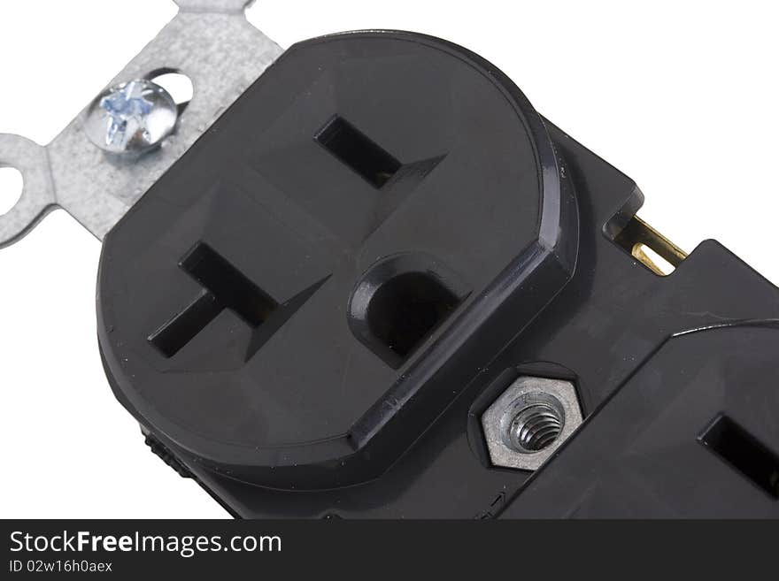 Black electrical outlet on a white background.