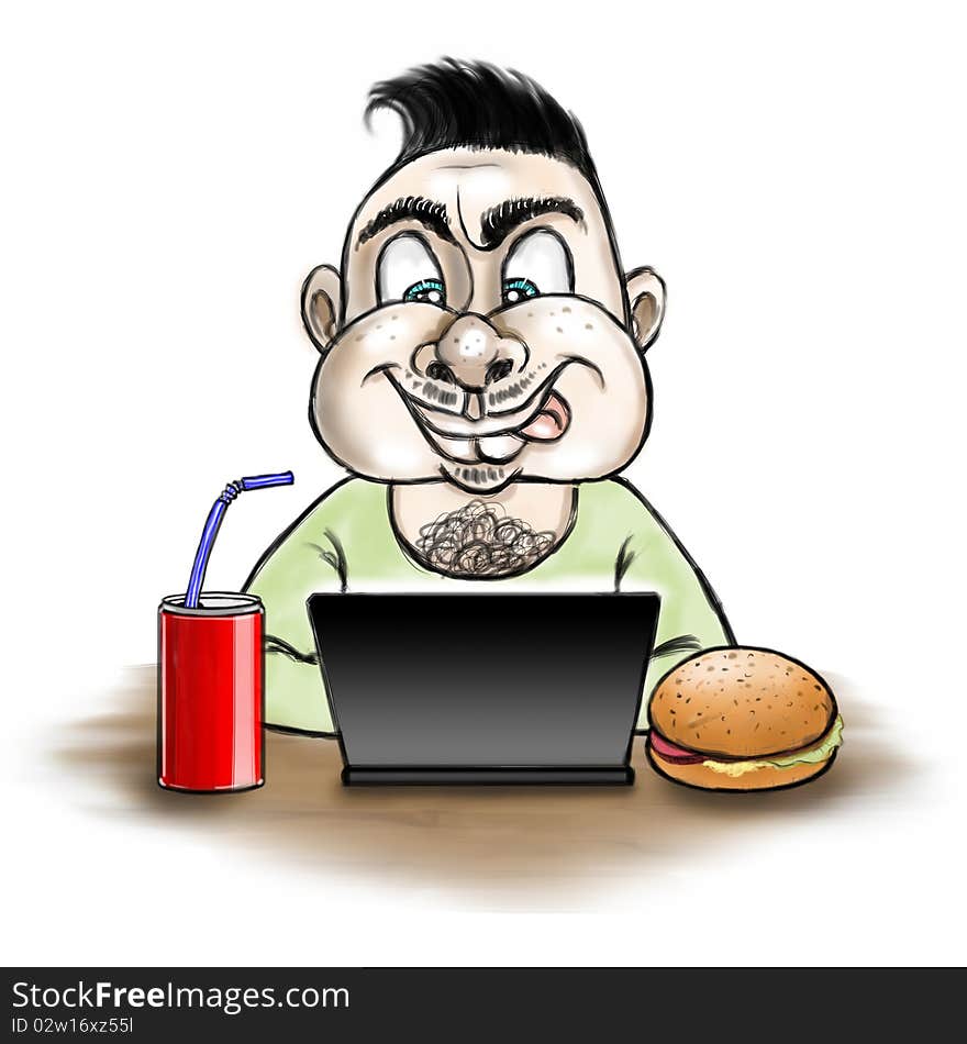 Fan of fast food works with the computer. Fan of fast food works with the computer