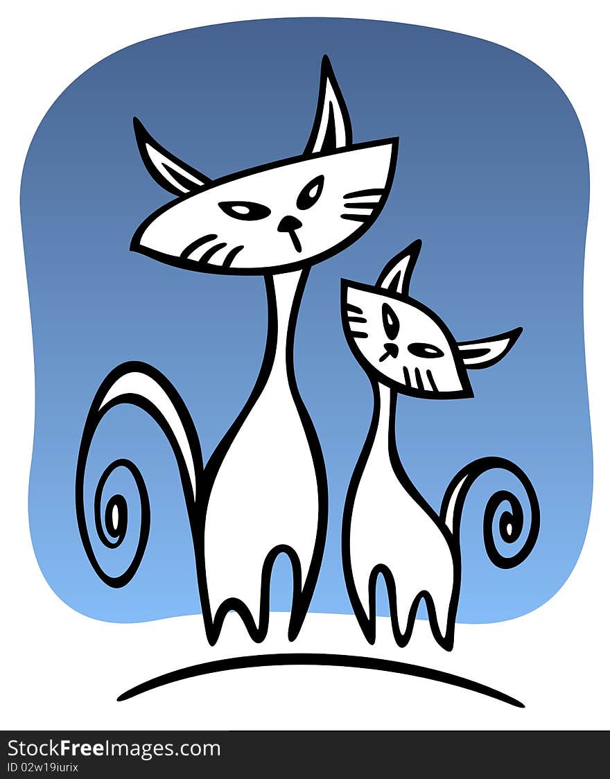 Two stylized white cats on a blue background. Two stylized white cats on a blue background.