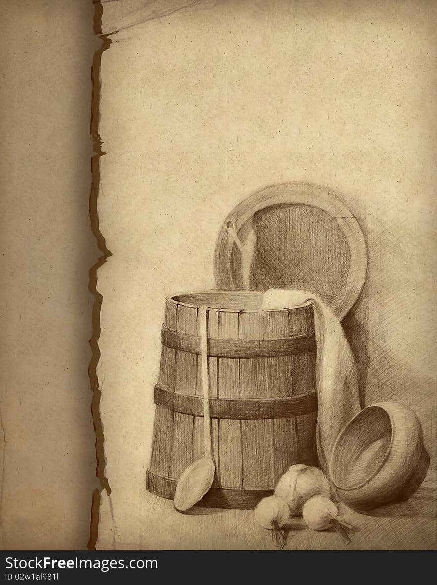 Background with pencil drawing of wood bucket