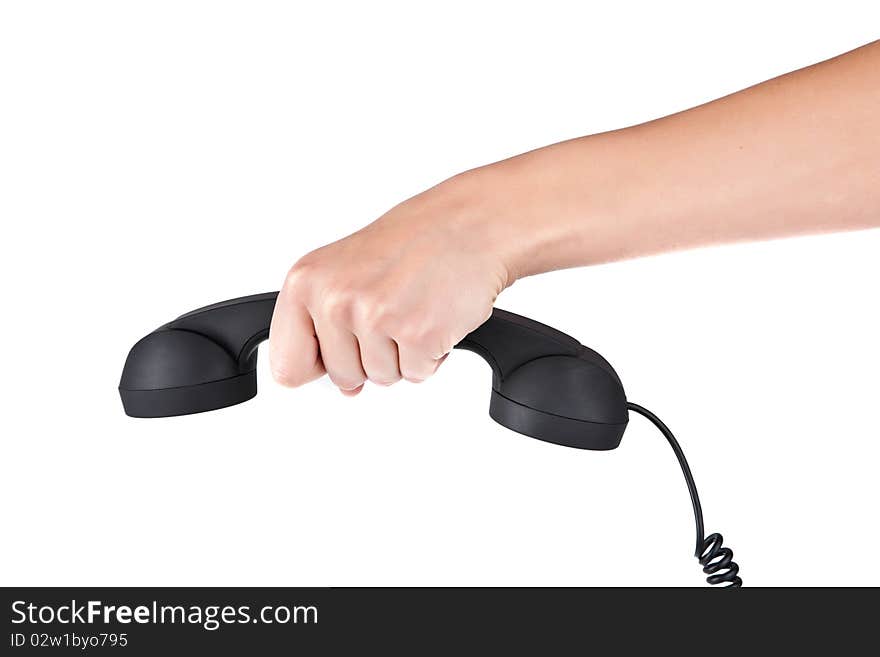 Hand hold black phone tube on white background