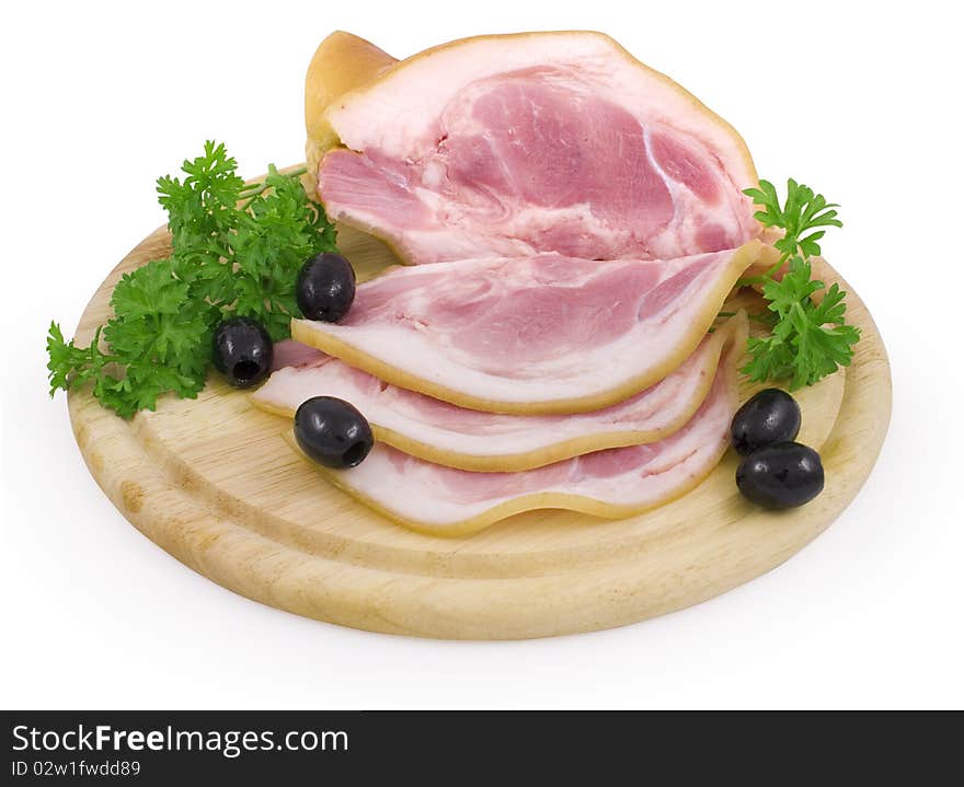 Nice fresh pink bacon with black olives and parsley isolated on white with clipping path