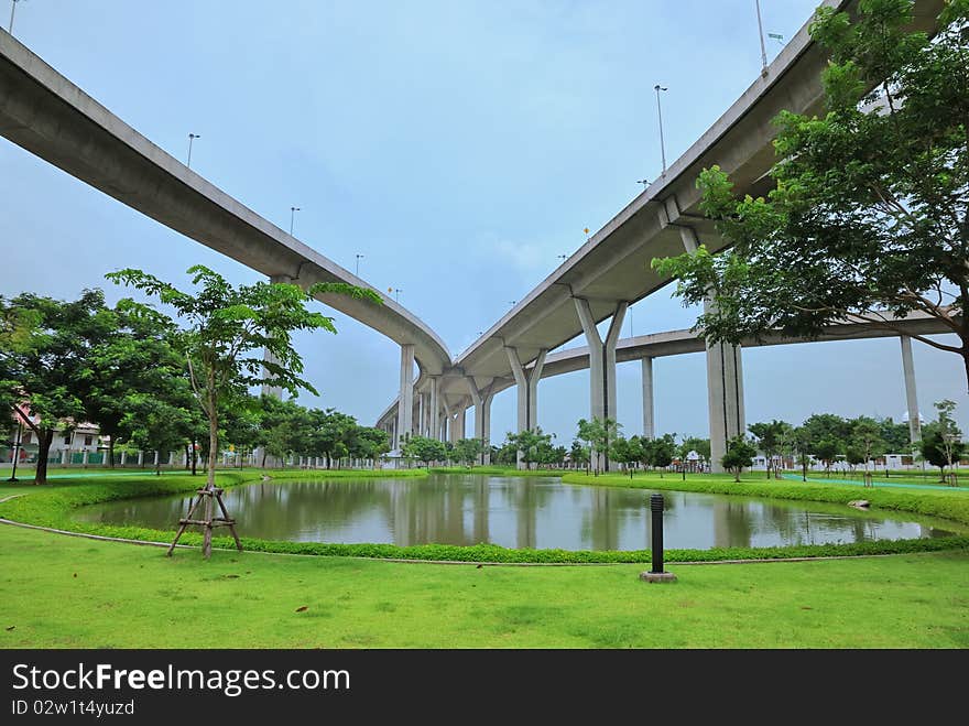 The suspension bridge with the park