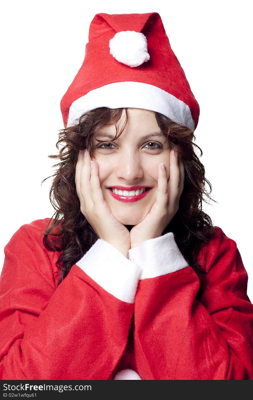 Smiling Santa Woman with Hands on Her Face, Isolated on White