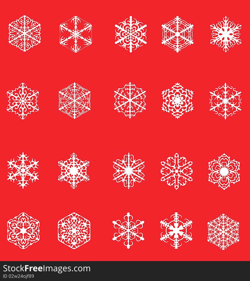 Set of snowflakes on red background