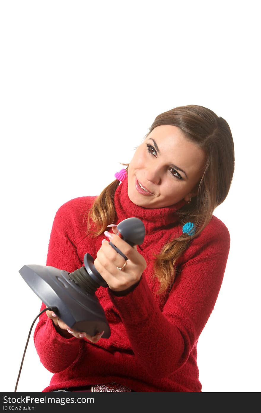 Girl play computer game with helping of a joystick. Girl play computer game with helping of a joystick