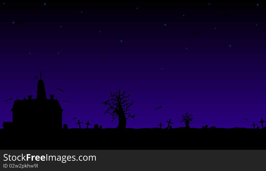 An illustration of a haunted house and cemetery background. Sky background placed on separate layer to accommodate color change more easily. An illustration of a haunted house and cemetery background. Sky background placed on separate layer to accommodate color change more easily.