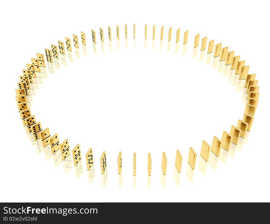 On a image  is shown golden dominoes which placed in a circle shape on a white background and mirror floor