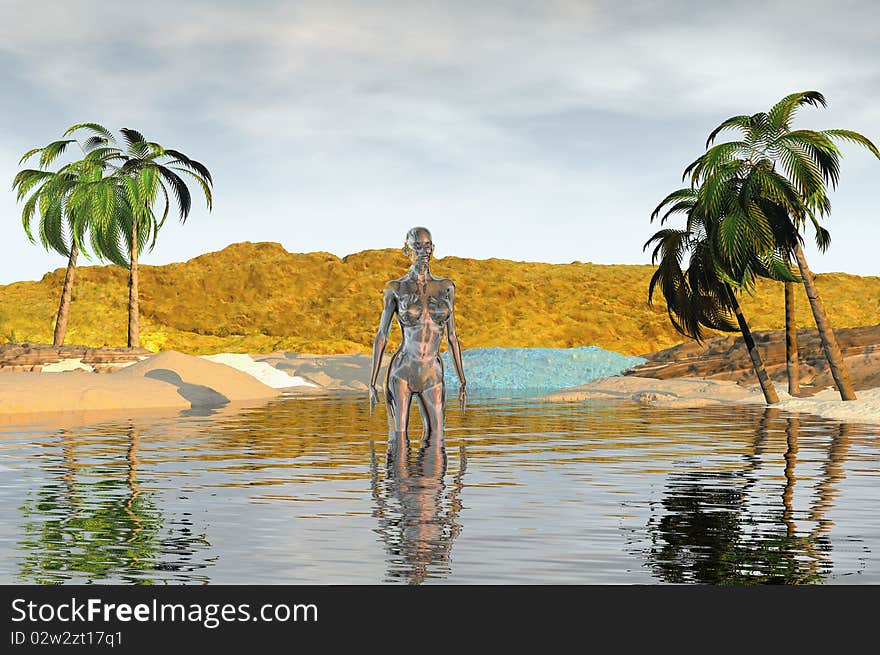 Fantasy tropical beach woman 3d concept render. Fantasy tropical beach woman 3d concept render