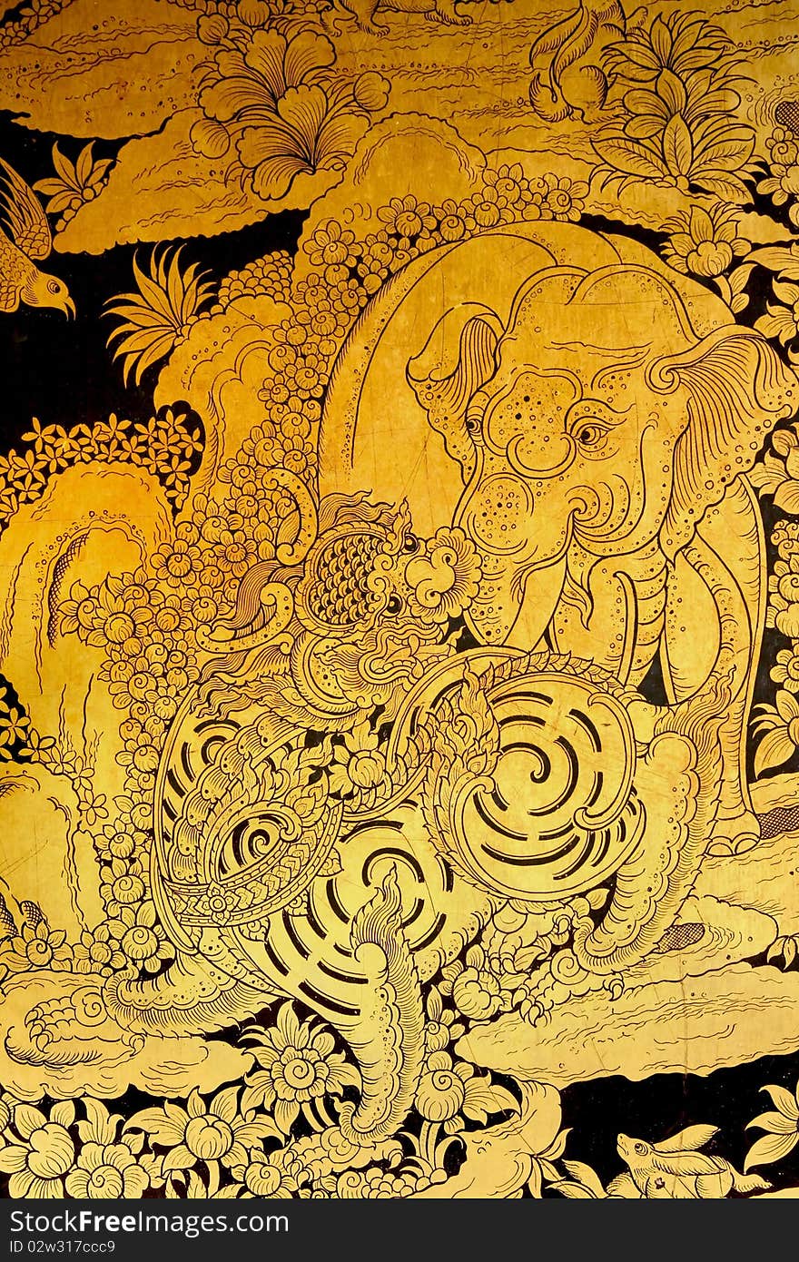 Lion And Elephant Scene Painted