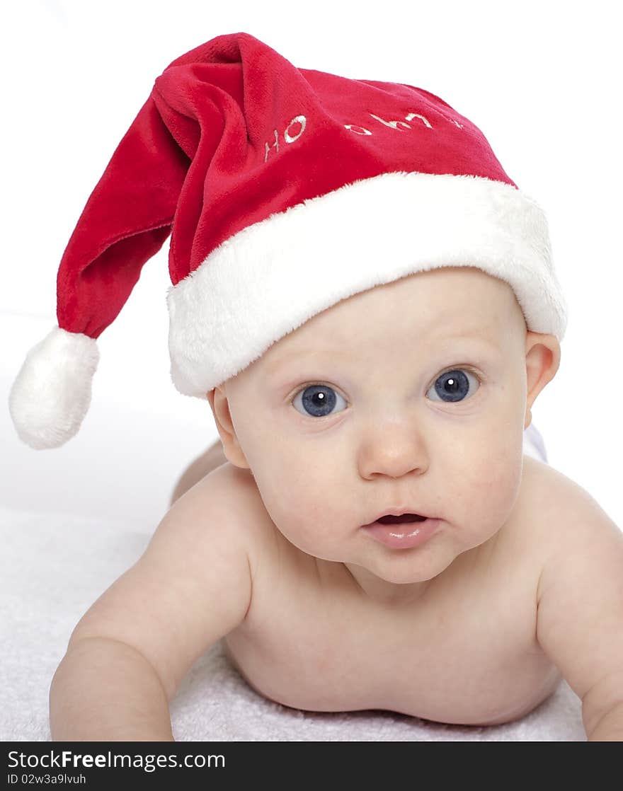 Close up of cute baby in santa hat. Close up of cute baby in santa hat