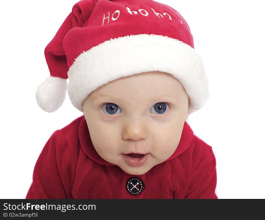 Close up baby boy in santa hat