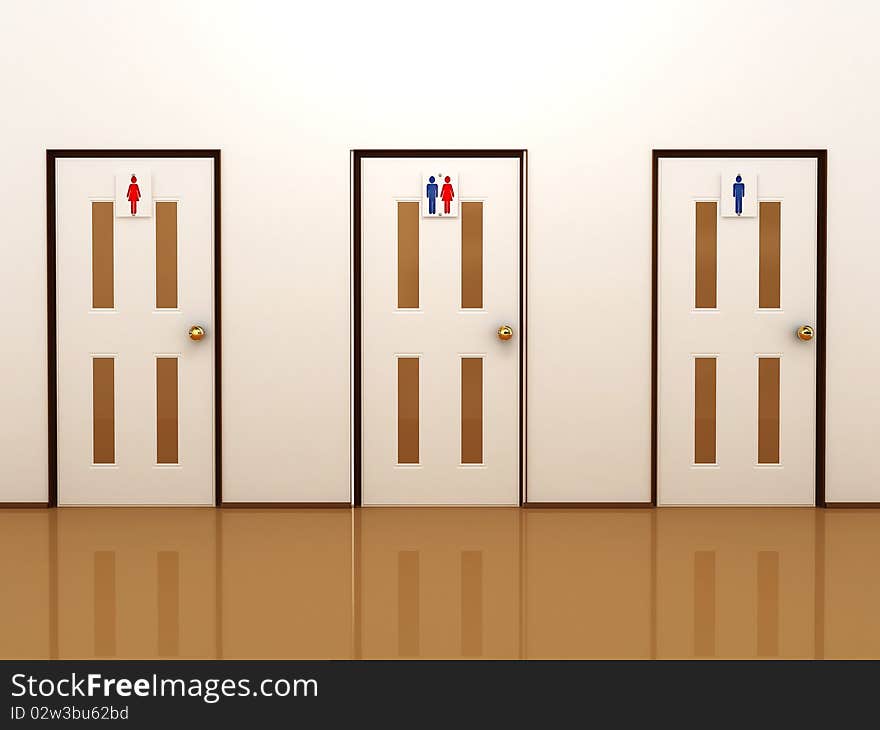 Three doors with signs for male, female and total. 3D