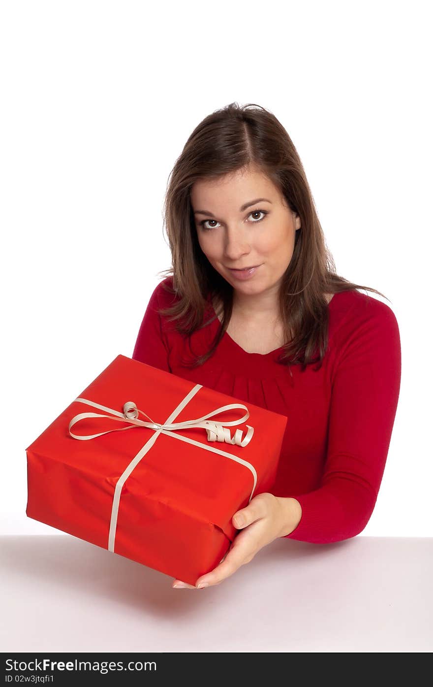 Women giving red gift with white background