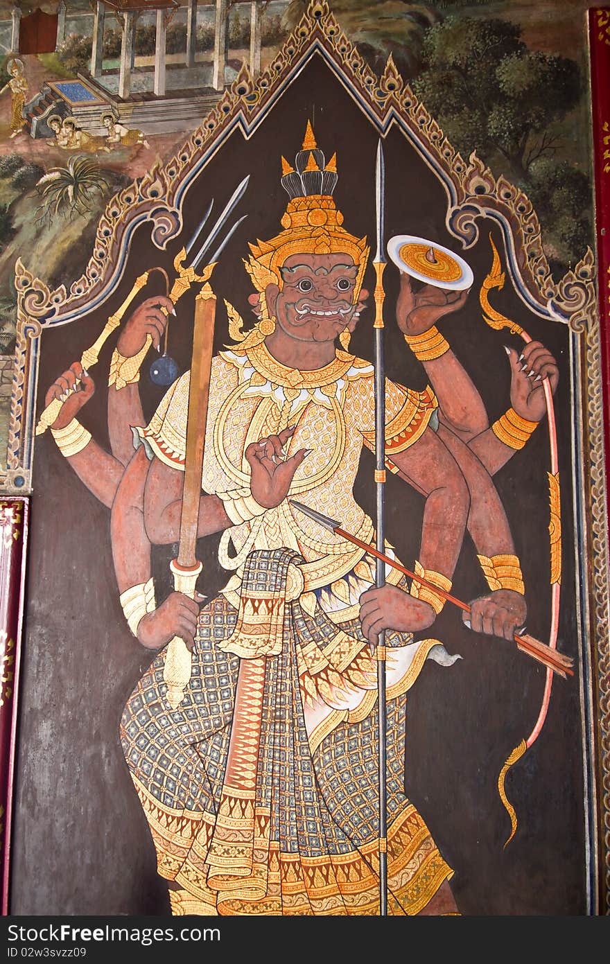 Art thai painting on wall in temple