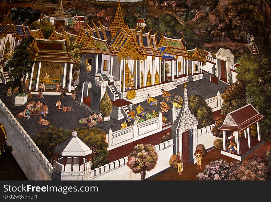 Traditional Thai Style Art Painting On Temple Wall