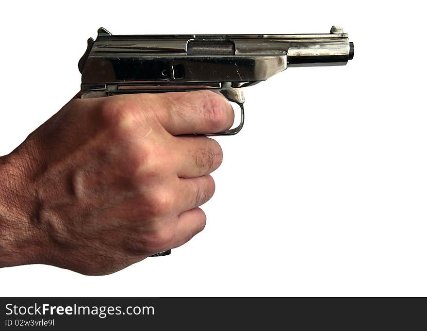Pistol in hand, isolated on a white background.