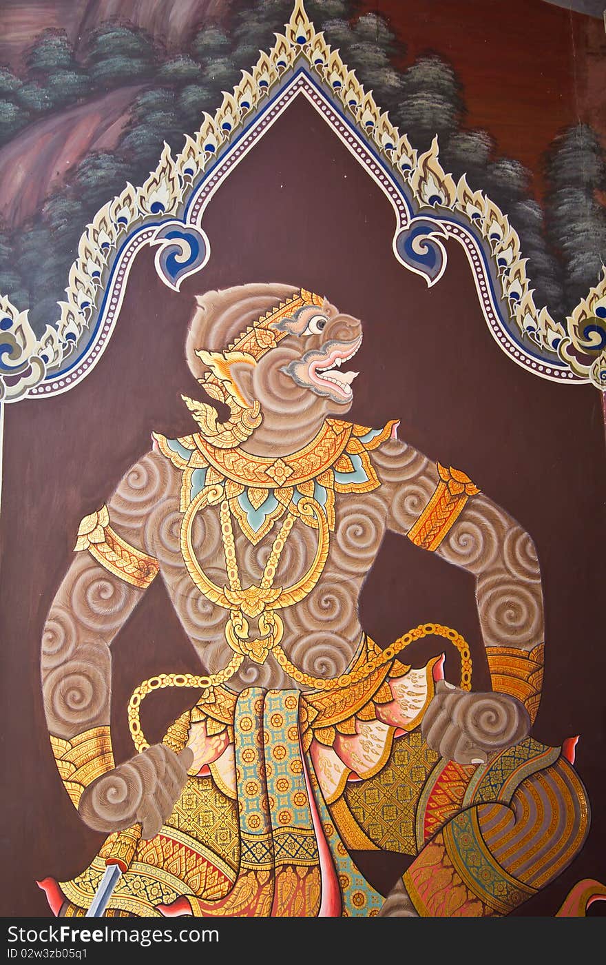 Art thai painting on wall in temple