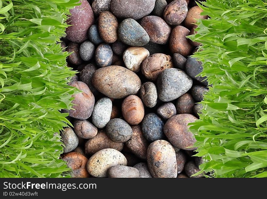 Row grass in front of round stone background