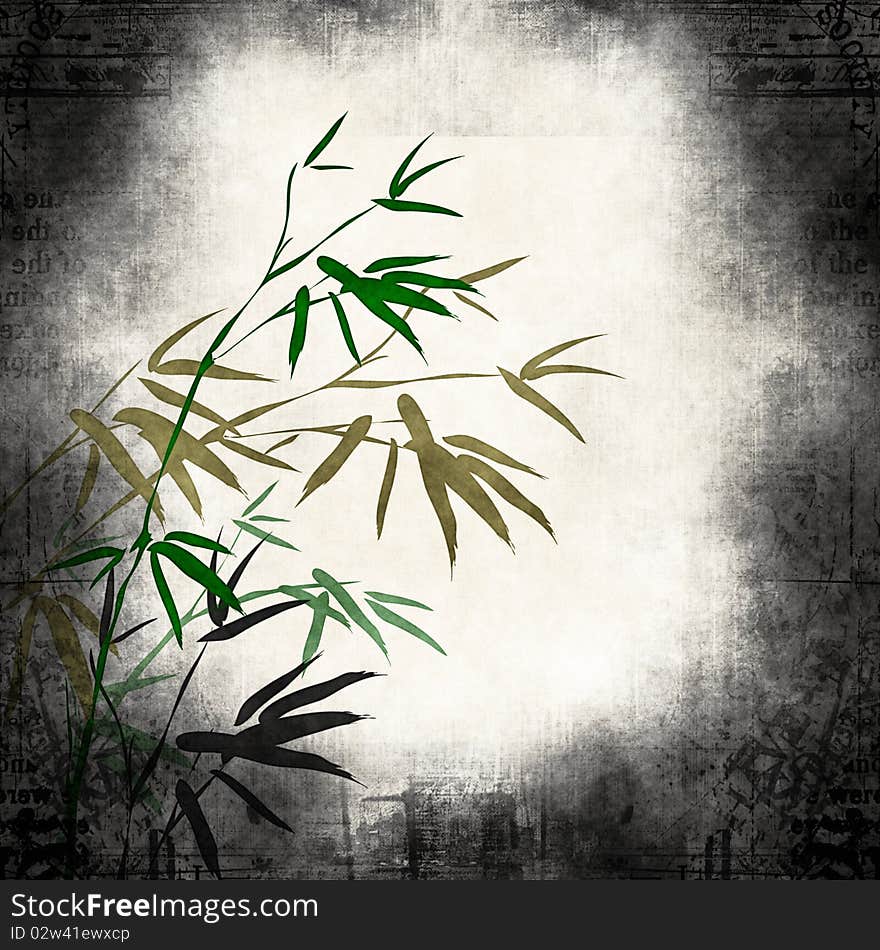 Grungy Background.old paper with bamboo branches