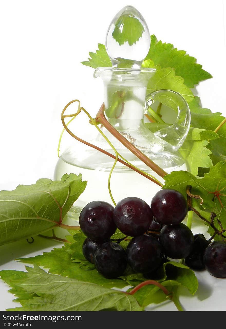 Wine carafe and young grape vine branch isolated on a white background