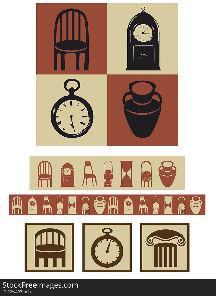 Vector illustration. Painted symbols and icons of ancient things. Vector illustration. Painted symbols and icons of ancient things