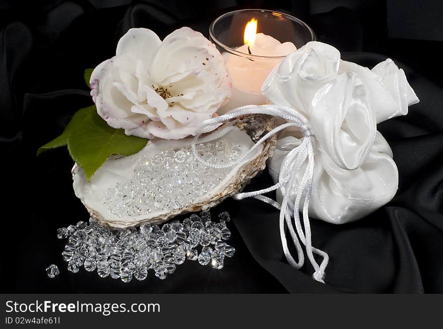 Transparent white crystals on a black background. Transparent white crystals on a black background