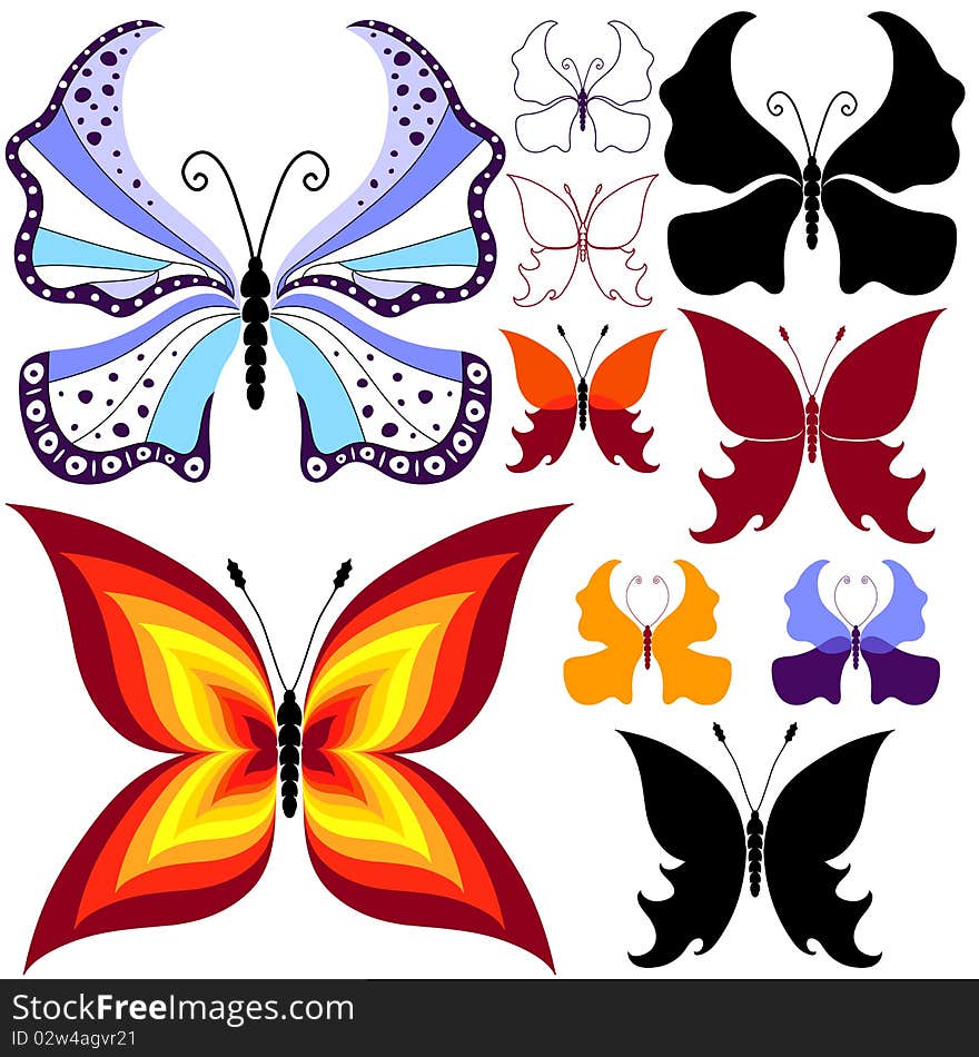 Collection abstract isolated butterflies for design on white. Collection abstract isolated butterflies for design on white