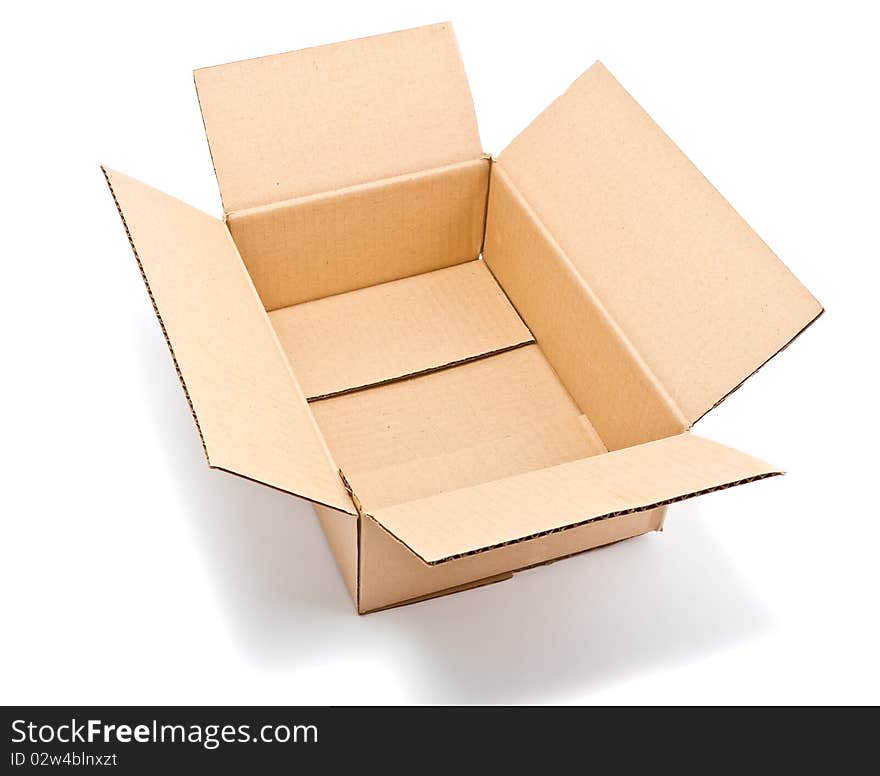 Open corrugated cardboard box on white background