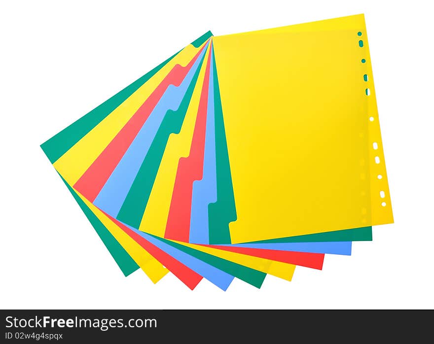 Colorful plastic index sheet on white background.