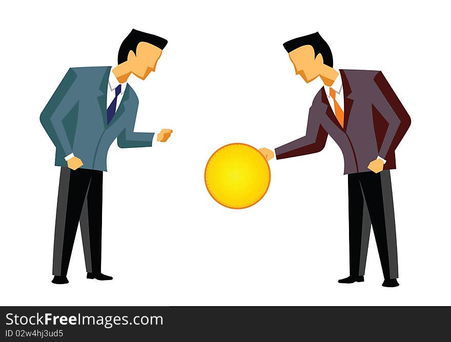 Two businessmen exchanging a coin. Two businessmen exchanging a coin