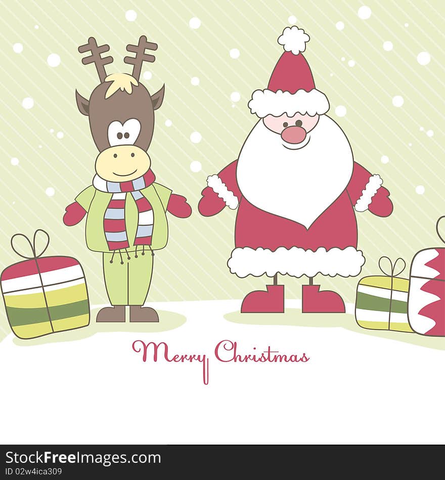 Santa, Reindeer And Gift. Vector Illustration