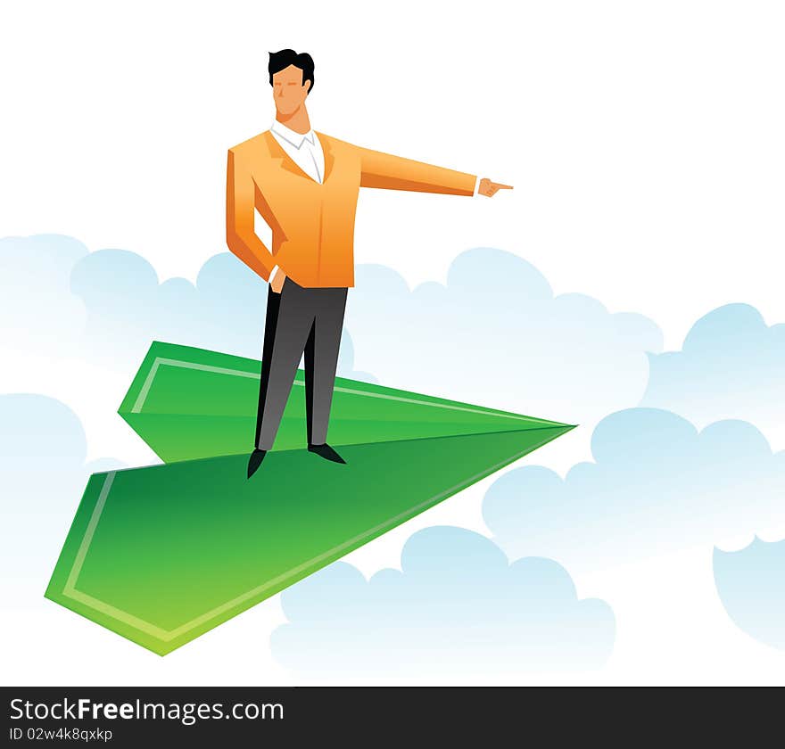 Businessman traveling on a paper airplane and pointing. Businessman traveling on a paper airplane and pointing