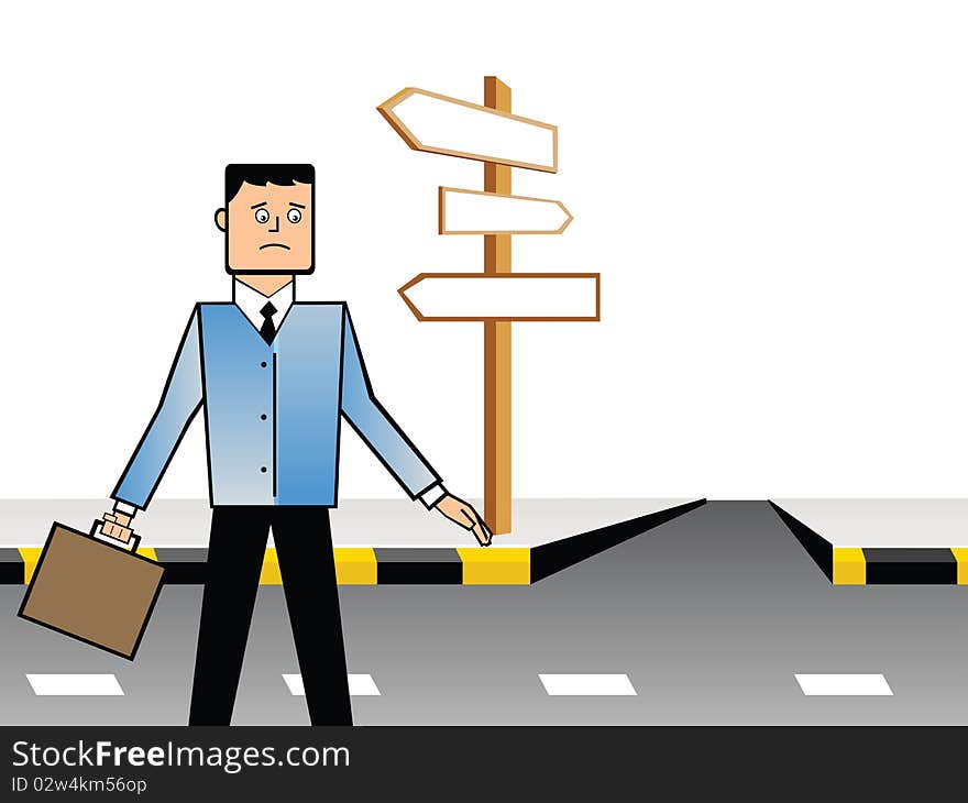 Businessman standing near a signboard and looking confused. Businessman standing near a signboard and looking confused