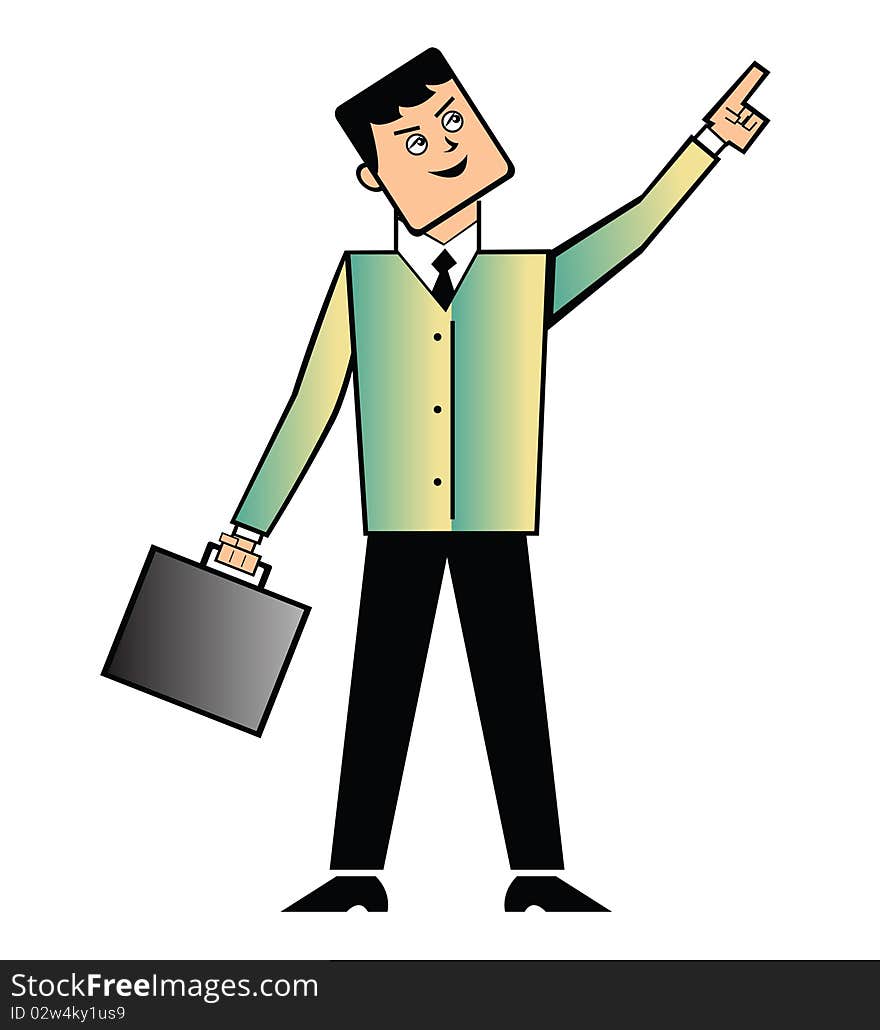 Businessman with breifcase pointing upwards. Businessman with breifcase pointing upwards