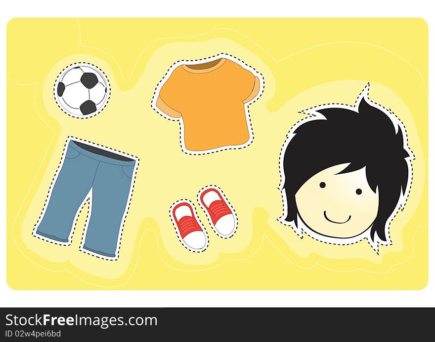 Young boy with variety of clothes for dress-up cartoon  illustration