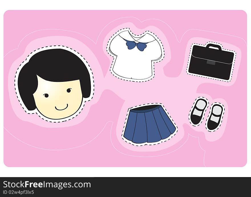 Young girl student with variety of clothes for dress-up cartoon  illustration