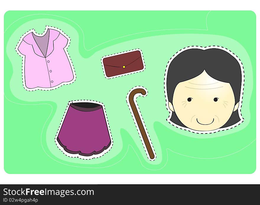 Old woman with variety of clothes for dress-up cartoon  illustration