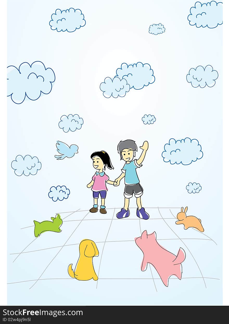 Boy and girl enjoy playing with pet in park with cloudy sky background cartoon illustration