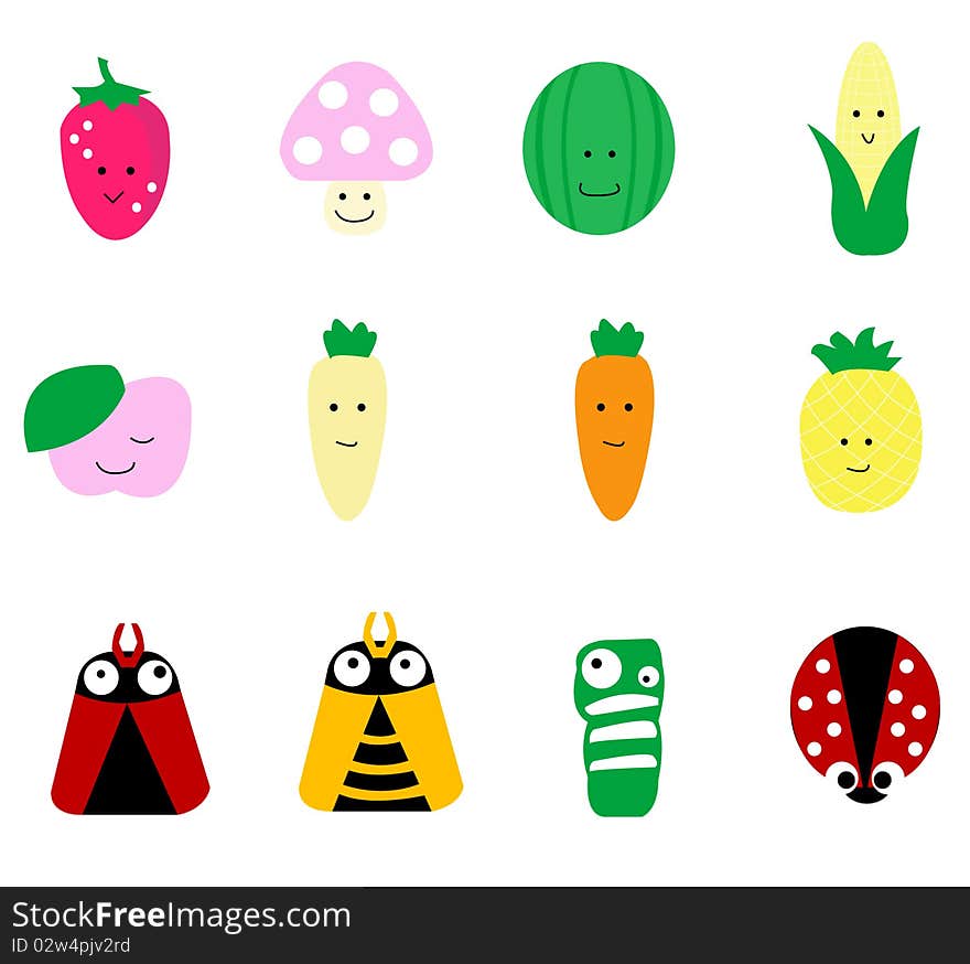 Variety of fruit and vegetable with insect cartoon illustration