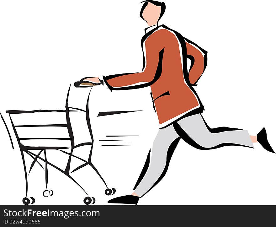 Man running with shopping cart in a supermarket. Man running with shopping cart in a supermarket