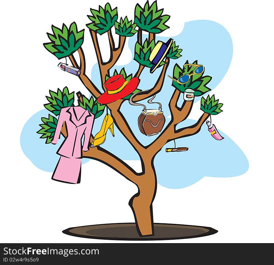 Illustration of a shopping tree clothes hanging. Illustration of a shopping tree clothes hanging