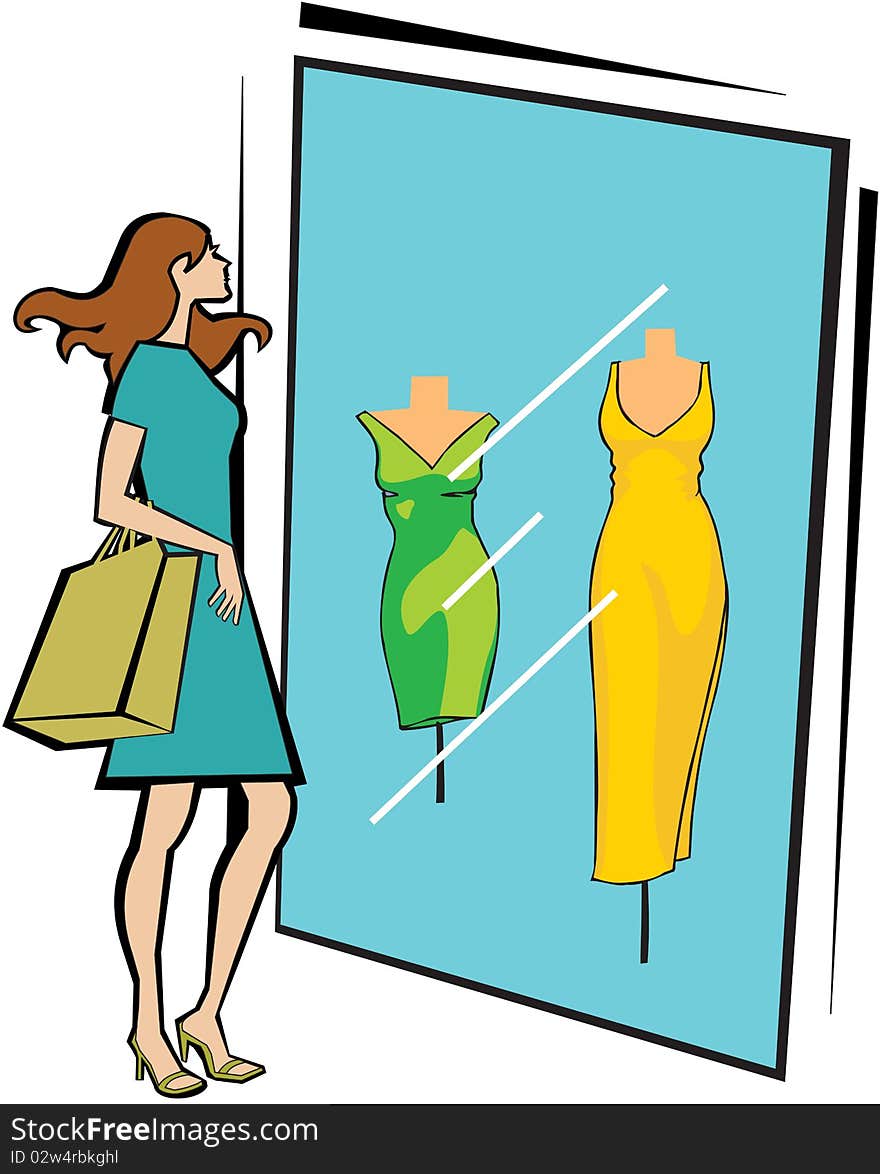 Woman standing outside a clothing store with shopping bag. Woman standing outside a clothing store with shopping bag