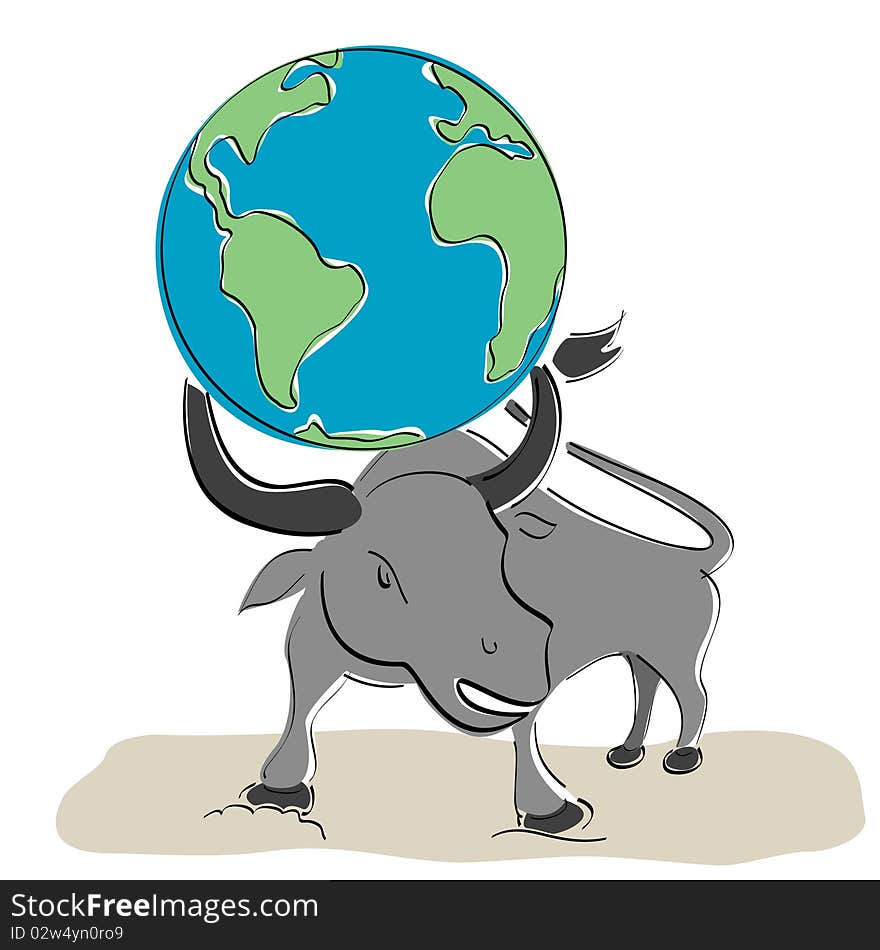 Illustration of a Globe on bull's head. Illustration of a Globe on bull's head