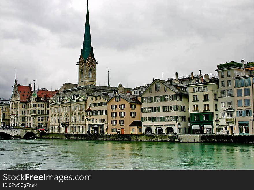 Zurich. The bund of river Limmat in rainy weather