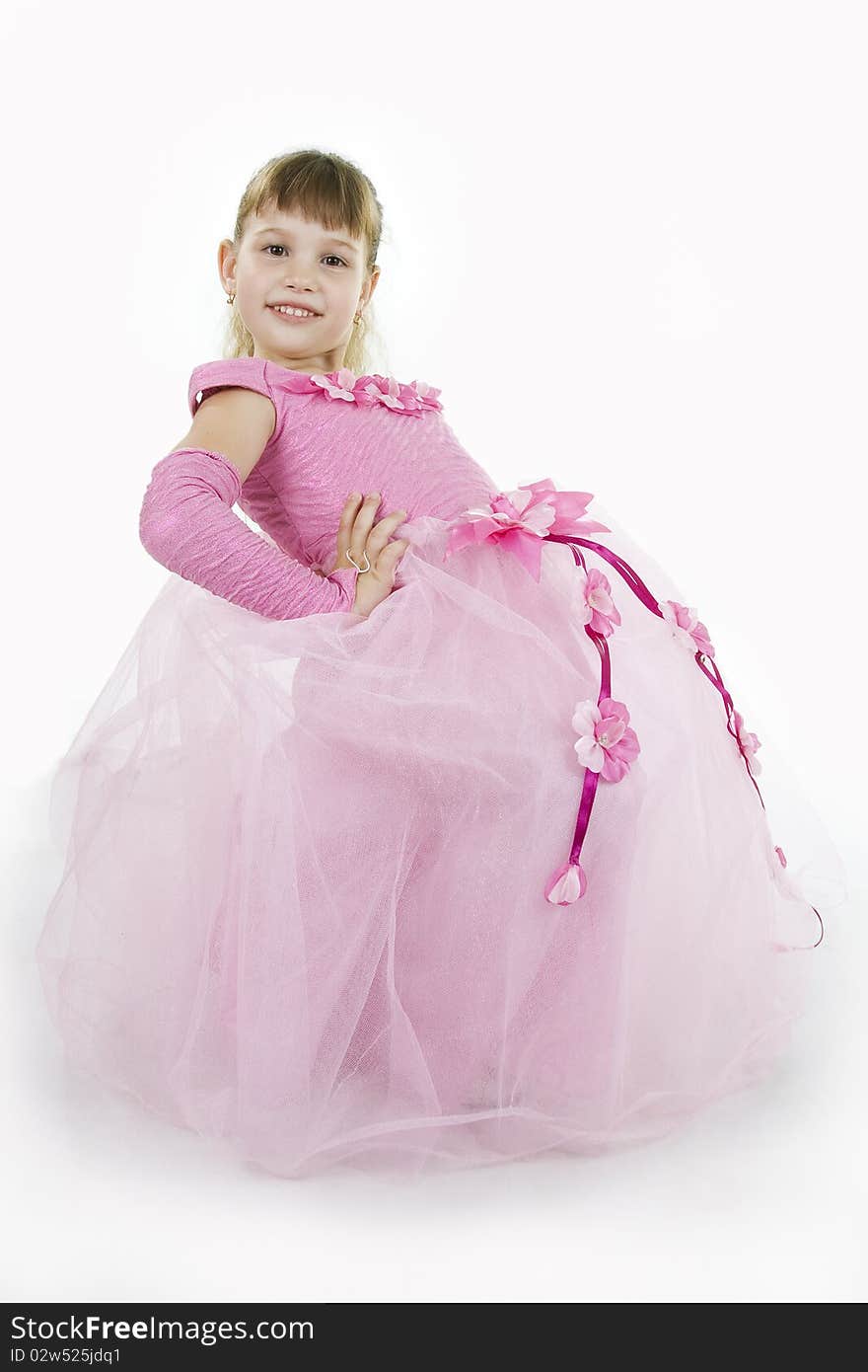 The girl the princess in a pink dress sits opposite to a white background. The girl the princess in a pink dress sits opposite to a white background