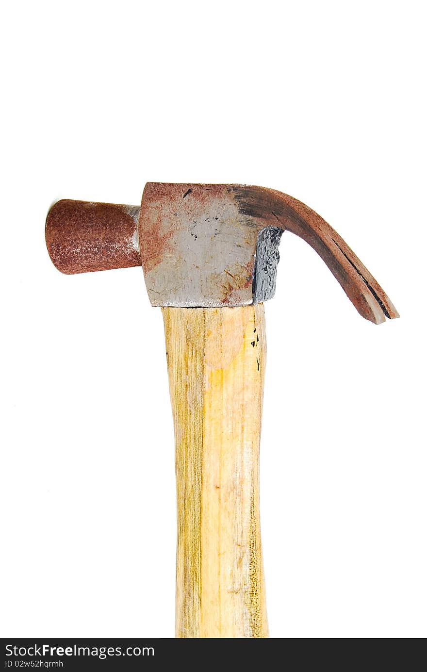 Old rusty hammer isolated on seamless white background