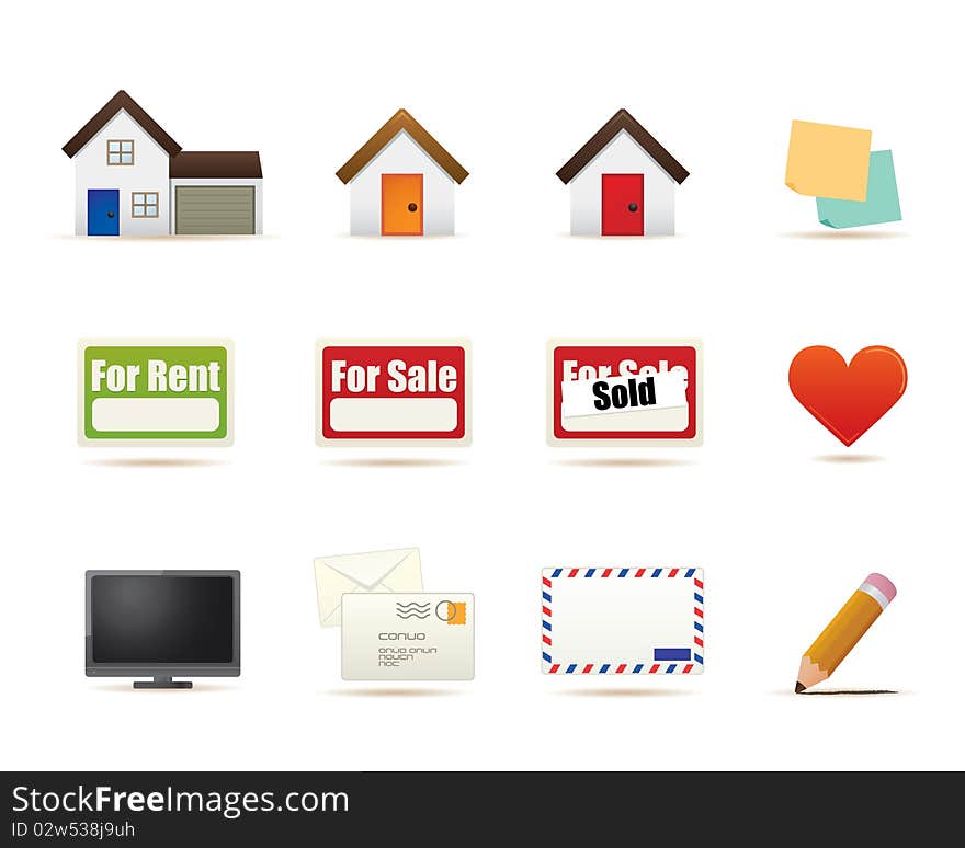 Set of housing illustration icons including house, sign, mail, note elements. Set of housing illustration icons including house, sign, mail, note elements